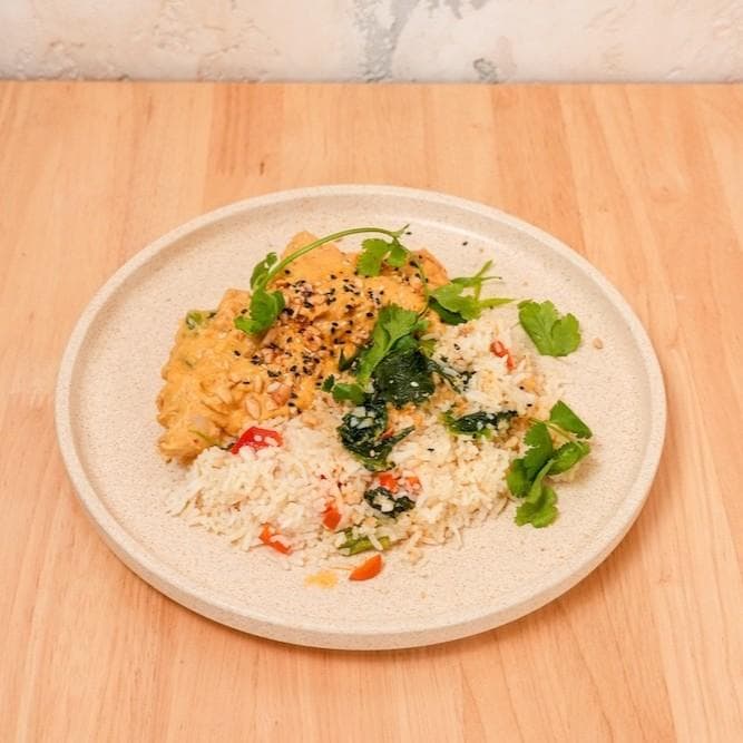Healthy Butter Chicken, Steamed Rice, Asian Greens